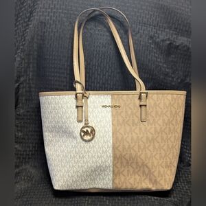 Michael Kors Camel and White Signature MK Logo CarryAll Tote.